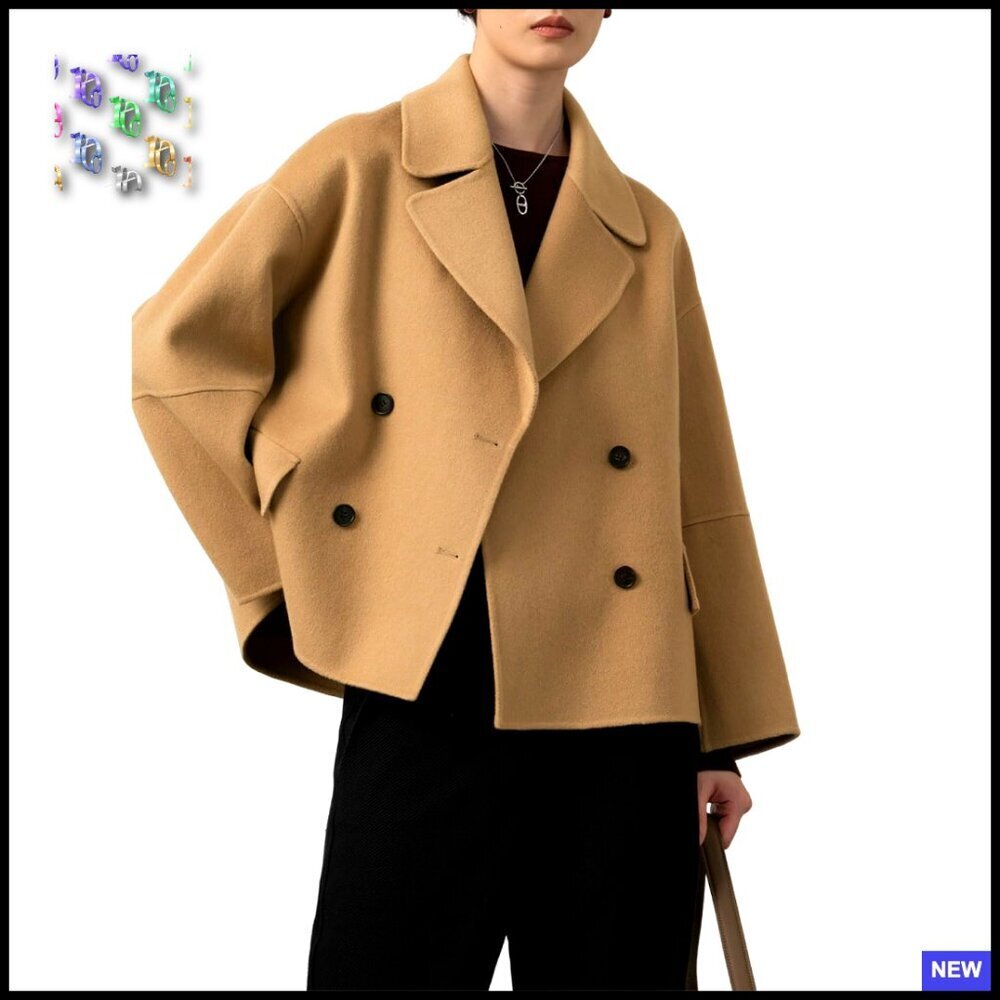 Cropped Wool Pea Coat Notched Lapel Double Breasted Chic Classic Trench